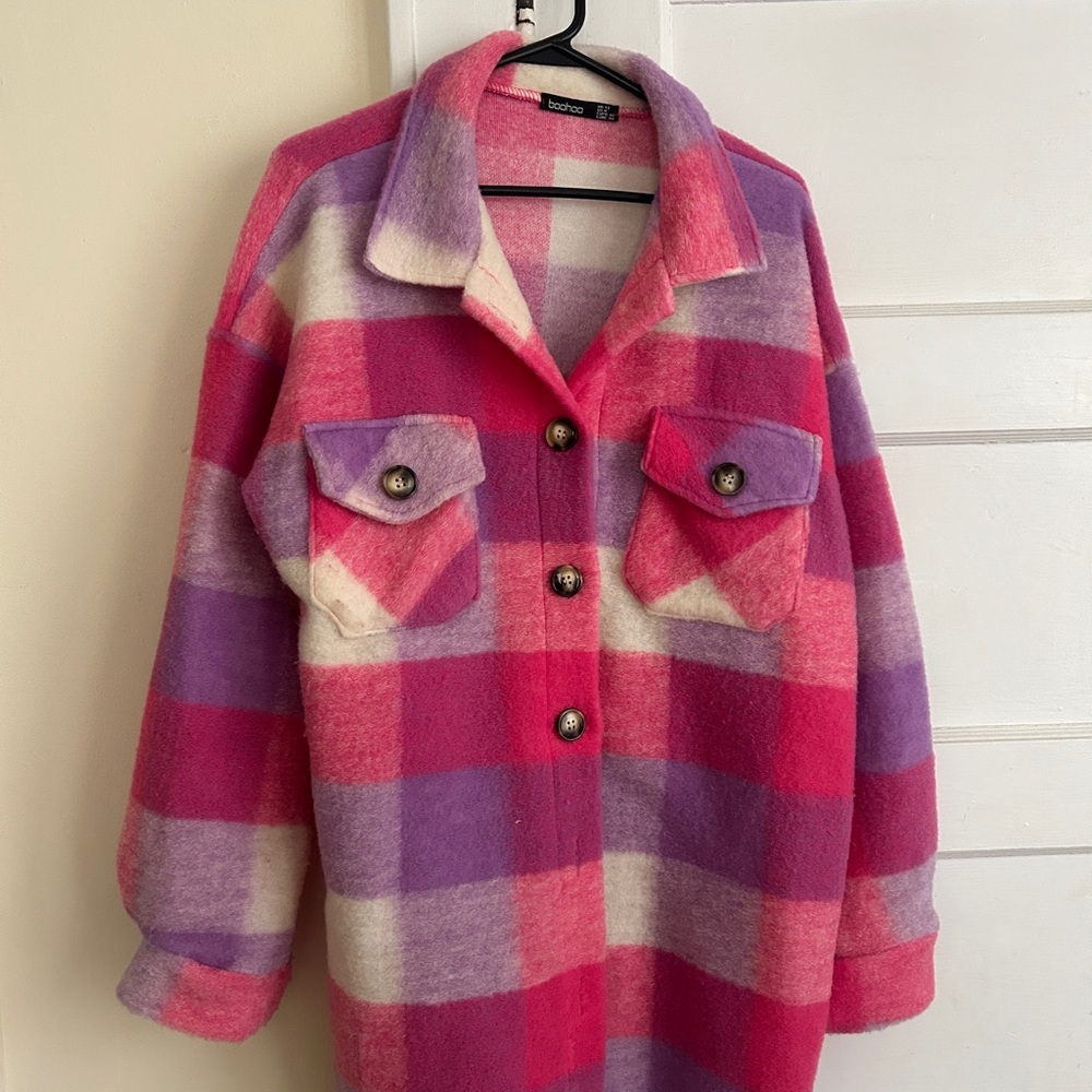 Boohoo Pink and Purple Plaid Teddy Jacket